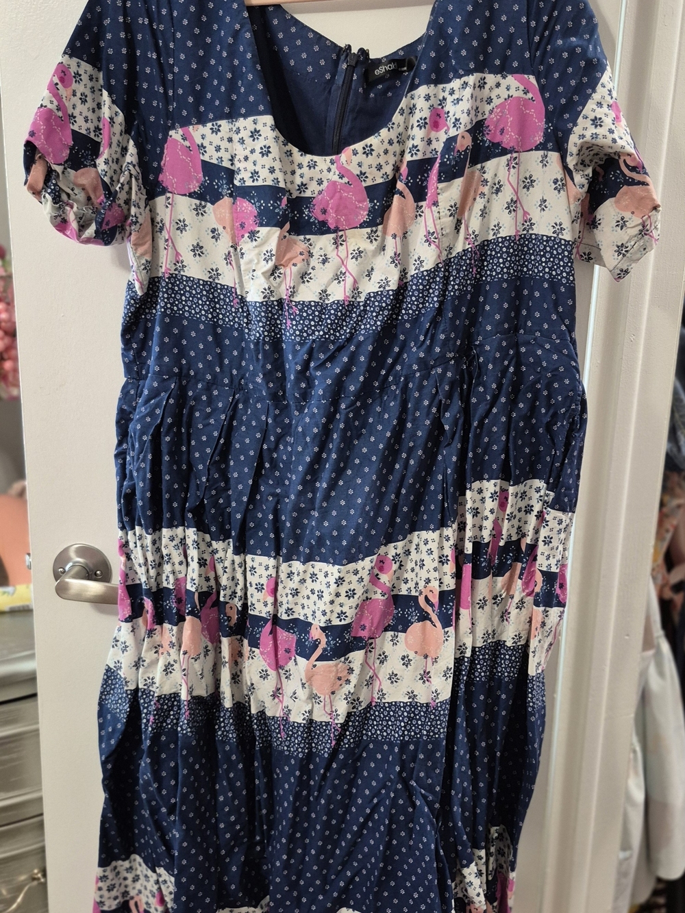 eshakti Navy & Pink Flamingo Print Tiered Midi Dress